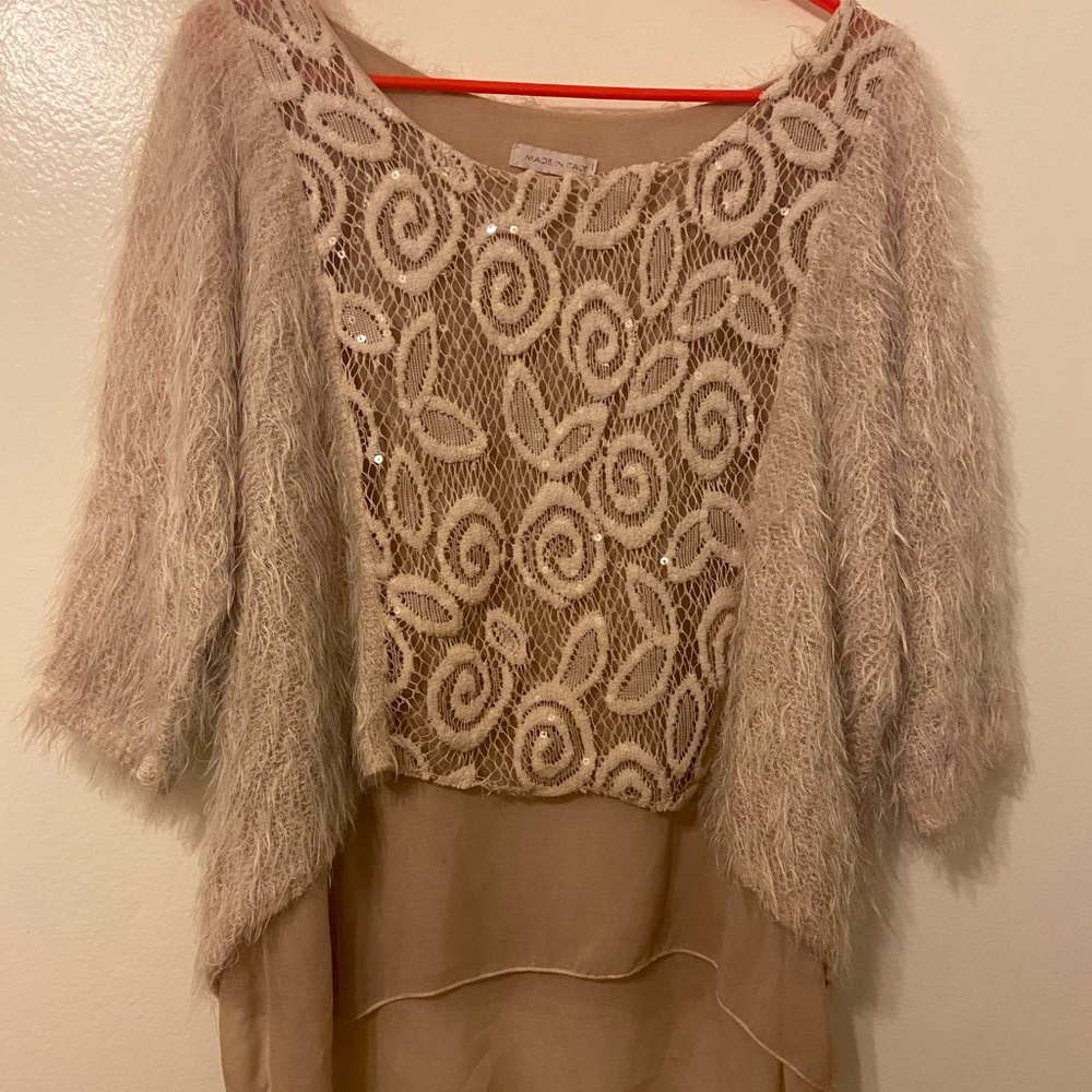 Beige fuzzy silk sequin top